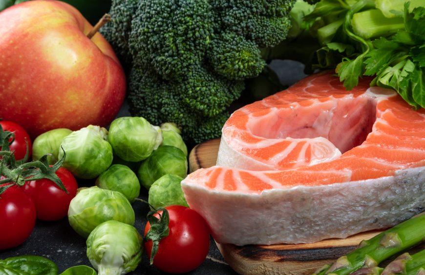 Healthy food. Selection of healthy food fish, vegetables, antiox