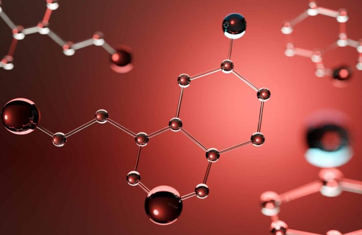 3d illustration. Model of serotonin molecule, Hormone of Happiness.
