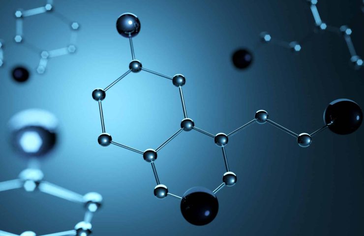 3d illustration. Model of serotonin molecule, Hormone of Happiness.