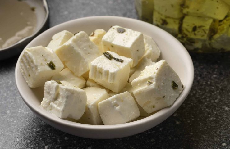 Bowl with white cheese cubes in oil and herbs close up
