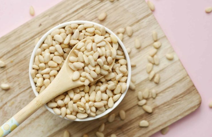 overhead view of pine nuts in a bowl